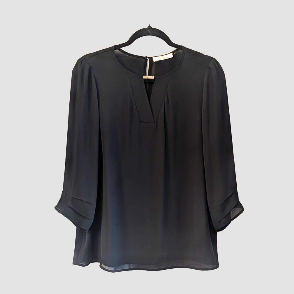 Les Serein Black Blouse Large Gold Hardware Keyhole Neck 3/4 Sleeve Minimalist